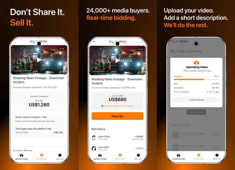 Three phone screens show an app for selling news footage: bidding prices, video upload progress, and prompts to sell media to buyers with real-time bidding and short descriptions.