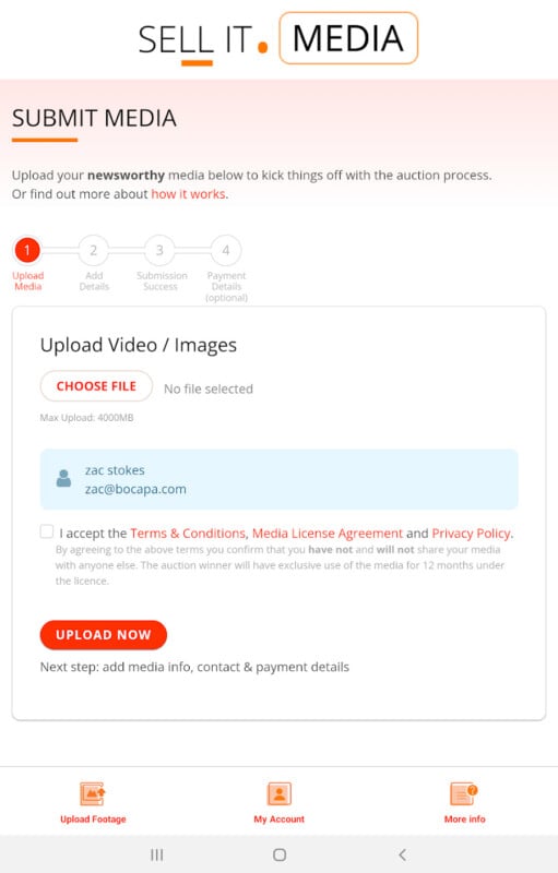 Screenshot of the Sell It Media submission page showing upload options for video or images, user info, a checkbox to agree to terms, and a red UPLOAD NOW button. Navigation options are at the bottom.