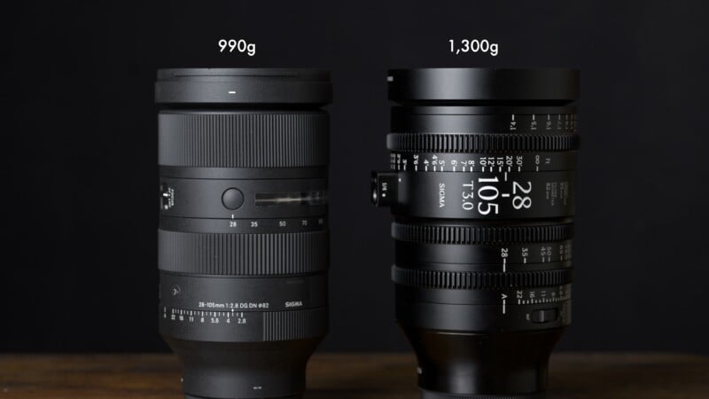 Two camera lenses stand side by side on a wooden surface, labeled with their weights: the lens on the left is 990g and the lens on the right is 1,300g. The background is dark and plain.