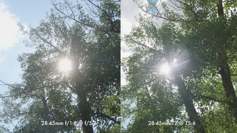 Side-by-side photos of sunlight shining through tree branches, comparing different camera settings: left is brighter with hazy sun at f/1.8, right is clearer with defined rays at f/5.6. Text with lens details is overlaid.