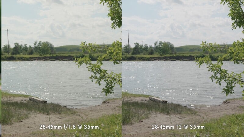 Side-by-side comparison of a lakeshore scene, labeled "28-45mm f/1.8 @ 35mm" on the left and "28-45mm T2 @ 35mm" on the right, showing subtle differences in brightness and foliage detail.