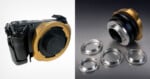 A camera body with a gold-colored lens mount adapter attached on the left, and the same adapter with three interchangeable silver mounting rings on the right.