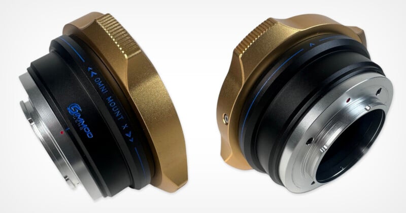 Two views of a Simmod Lens Omni Mount X adapter, featuring a gold-colored locking ring and a black metal body with blue markings.