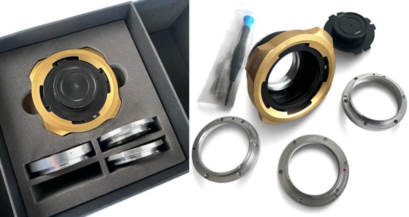 A gold-colored lens mount adapter kit with three interchangeable silver rings, a small screwdriver, and a black cap, shown both inside a foam-lined box and laid out on a white surface.
