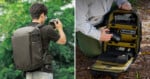 Person with a camera backpack photographs outdoors; open backpack shows organized camera gear, lenses, and a drone in padded compartments, surrounded by greenery.