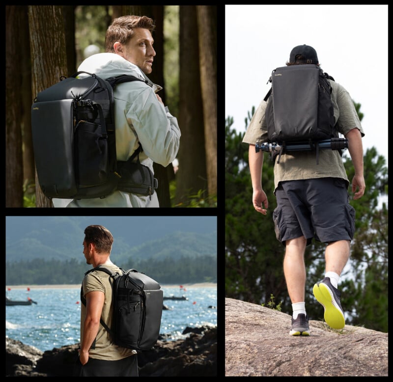Three men outdoors, each wearing a black backpack. One stands in a forest, another faces the ocean, and the third walks uphill on rocks with trees and the sky in the background.