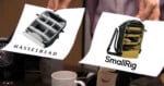 A person holds two papers: one shows a Hasselblad camera bag with compartments for gear, the other shows a SmallRig camera bag with organized sections.