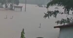 Flooded area with rooftops and trees barely visible above the water. Only the tops of structures and some plants are seen, highlighting the severity of the flooding.