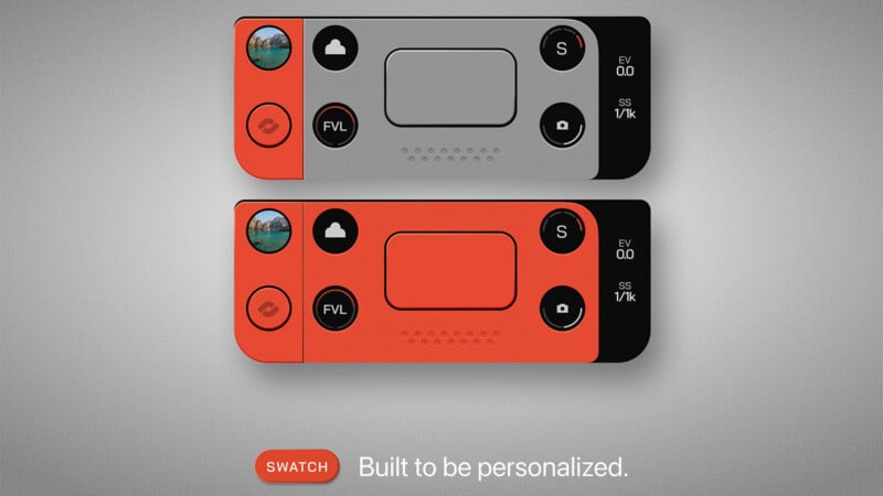 Two rectangular modular camera controls, one gray and one red, displayed on a gray background with the text “Built to be personalized” below and a red “SWATCH” button.