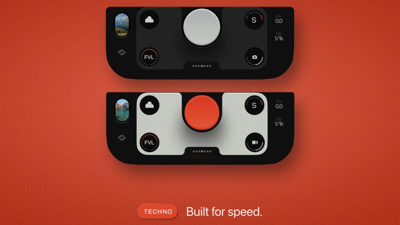Two camera control dials, one black and one silver with a red button, displayed on a red background. Text below reads “TECHNO Built for speed.”.