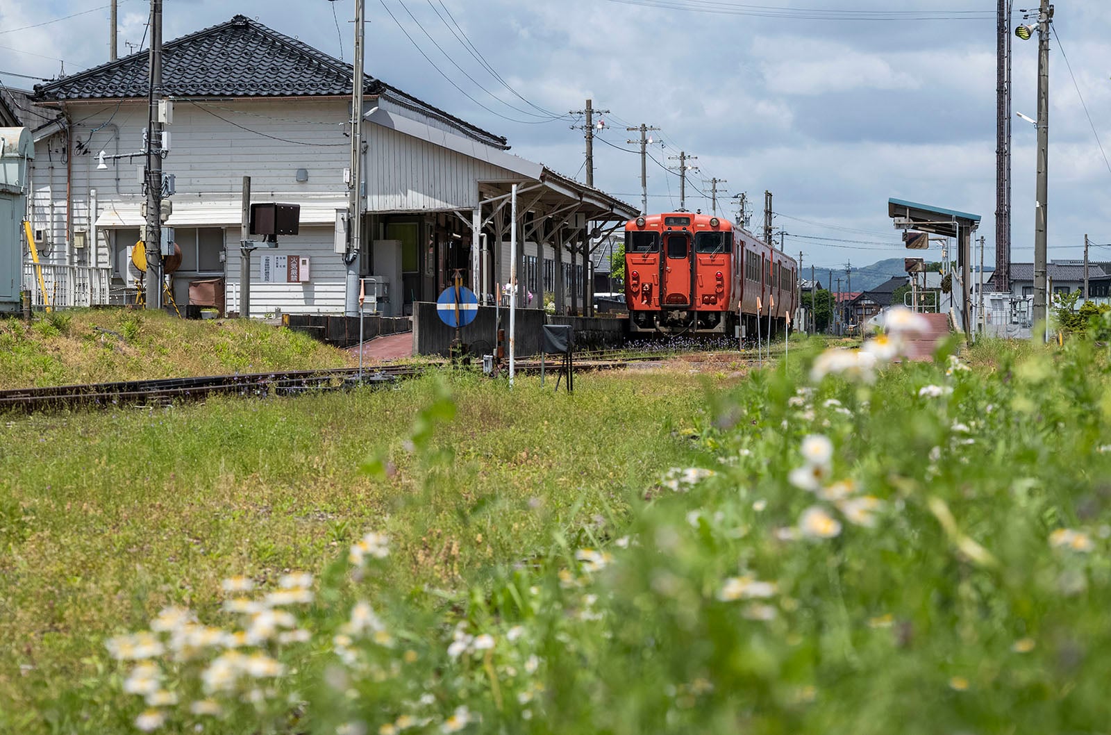 A red train arrives at a small rural station beside grassy tracks with wildflowers in bloom beneath a partly cloudy sky.