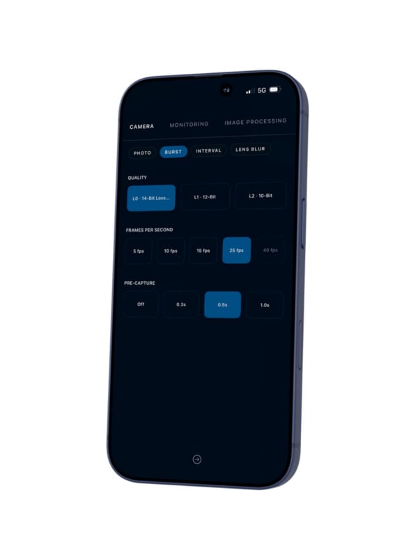 A smartphone displays a camera app interface with burst mode settings, allowing adjustments for quality, frames per second, and pre-capture time on a dark-themed screen.