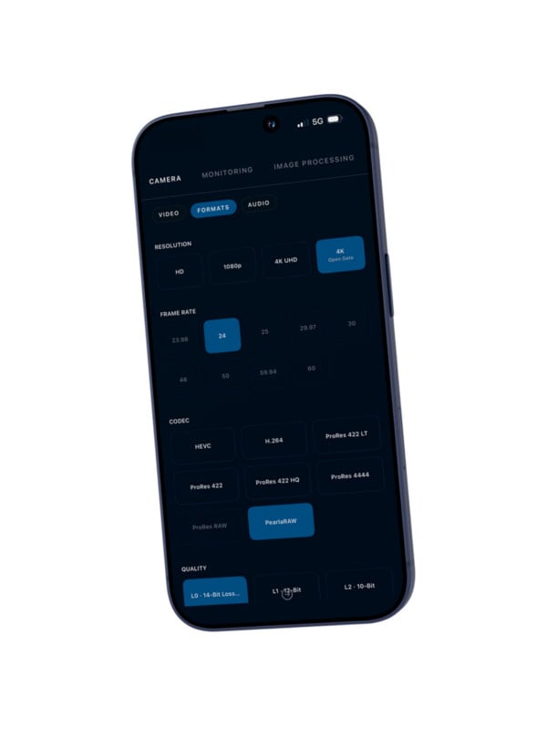 A smartphone displaying a dark-themed camera settings screen with options for resolution, frame rate, codec, and quality. The selected codec is "ProRes RAW.