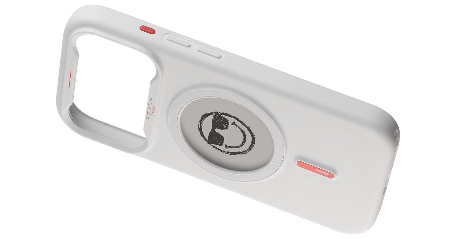 A white phone case with a circular area on the back featuring a simple black smiley face wearing sunglasses. The case has pink accents on the side buttons.
