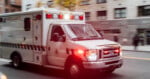 A white ambulance with flashing red lights drives quickly down a city street, passing blurred buildings in the background.