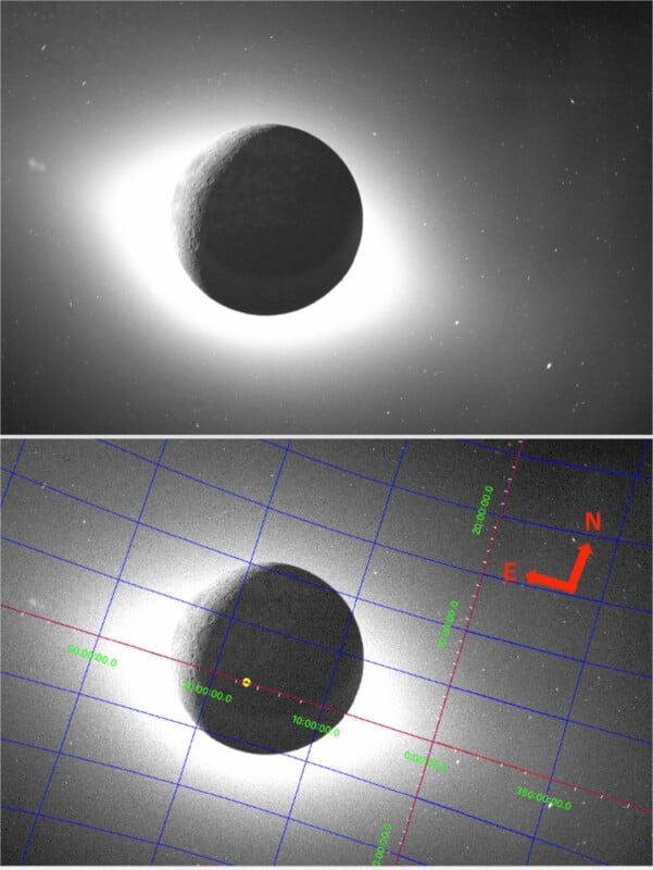 Top: Black-and-white image showing a planet or moon with a bright glowing corona. Bottom: Same image overlaid with a blue and green coordinate grid, and red compass directions marking East and North.