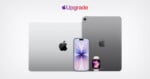 Two MacBooks, an iPad, an iPhone with a flower wallpaper, and an Apple Watch are shown under the word 