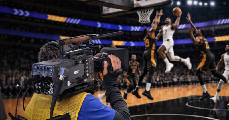 A cameraman films a live basketball game as a player in a white jersey jumps toward the hoop for a layup, surrounded by opponents in black uniforms on a brightly lit court.