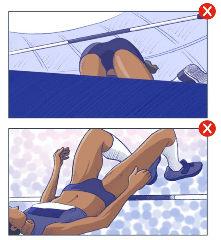 Two illustrations show a high jumper in blue failing to clear the bar, with red X's in the top right of each image, indicating unsuccessful attempts.