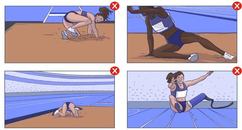 Four athletes in blue uniforms are shown tripping or falling during a track and field event, with red X marks indicating mistakes or disqualifications in each panel.