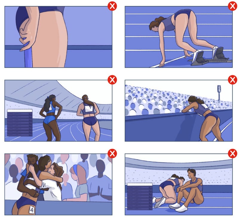 Six illustrated panels show female track athletes in various race moments: waiting at the start, preparing to run, mid-race, finishing, celebrating a win, and comforting each other after a loss.