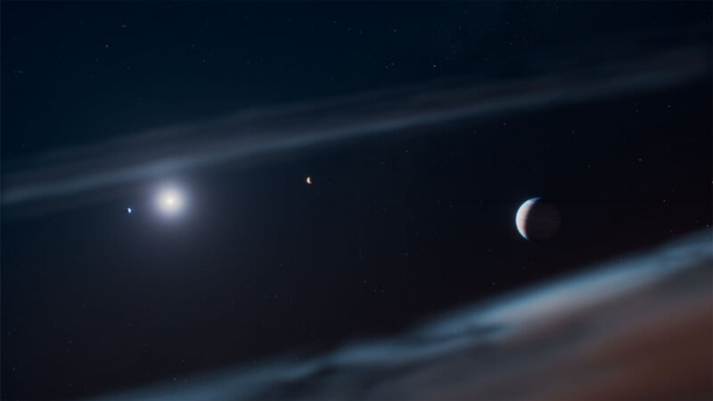 An illustration of a bright star with three planets of varying sizes aligned across the scene, surrounded by faint, wispy rings or clouds against a star-filled space background.