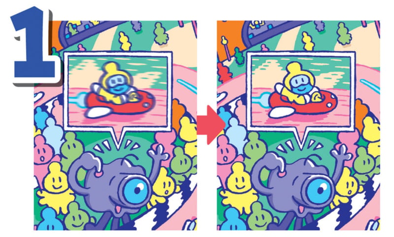 A cartoon scene shows a camera character taking a photo of a figure on a red vehicle. The second panel shows the same scene with slight differences after a red arrow.