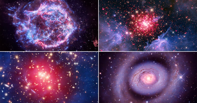 A collage of four colorful astronomical images, featuring nebulae, star clusters, and a spiral galaxy, filled with bright stars, glowing gas, and cosmic dust against a dark space background.