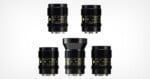 Five black Cooke SP3 cinema lenses arranged in two rows against a white background, showing their focal lengths of 25mm, 32mm, 50mm, 100mm, and 75mm.