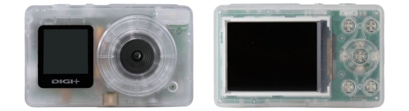 Two views of a translucent digital camera: the front view shows the lens and a small screen, while the rear view displays a larger display and control buttons. Internal components are partially visible through the casing.