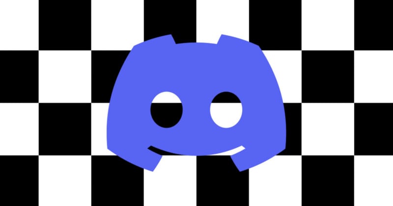 A blue Discord logo is centered on a black and white checkerboard background.