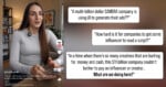 A woman with long brown hair sits at a table, talking. Text quotes question a camera company’s use of AI for ads instead of hiring influencers or creators, highlighting concerns about compensation and authenticity.