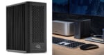 A black external hard drive with vented sides is shown alone on the left and placed next to a computer, keyboard, and mouse on a wooden desk on the right.
