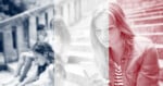 A young woman sits on outdoor steps looking at her phone, with a faded French flag overlay on the image. Other people are seated in the background, blurred and engaged with their own devices.