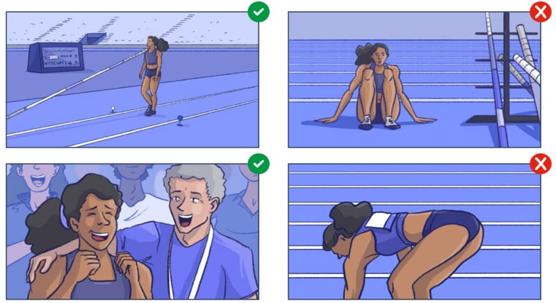 Top left: Athlete on track near shot put mark, standing. Top right: Athlete sitting on track, sad. Bottom left: Athlete and coach celebrating. Bottom right: Athlete bent over, disappointed. Green checks mark positive moments.