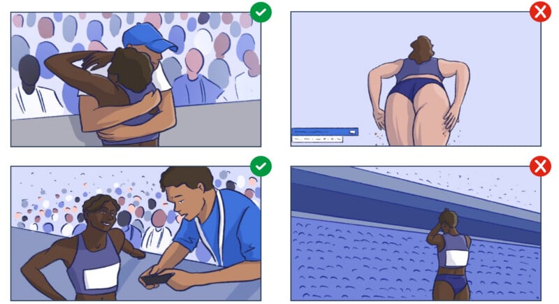 Four scenes: athlete hugs a coach (top left, checkmark), athlete leans forward (top right, X), coach talks to athlete (bottom left, checkmark), athlete stands alone in stadium (bottom right, X).