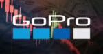 The GoPro logo is superimposed over a background of US hundred-dollar bills and a downward-trending stock market candlestick chart, suggesting a decline in the company's financial performance.