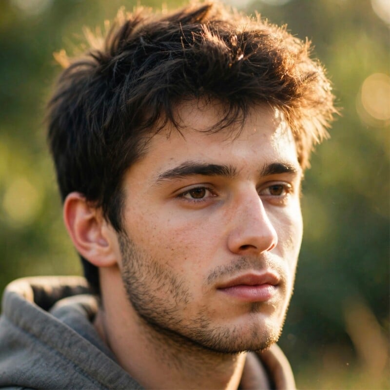 Young man with tousled dark hair and light stubble wears a hoodie and looks thoughtfully into the distance outdoors, with blurred greenery in the background and soft sunlight on his face.