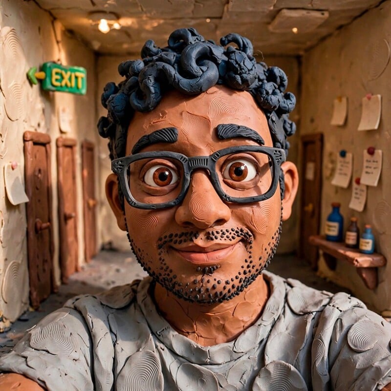 A claymation figure with curly hair, glasses, and a beard smiles in a hallway with an exit sign, doors, and various papers and bottles on the walls.