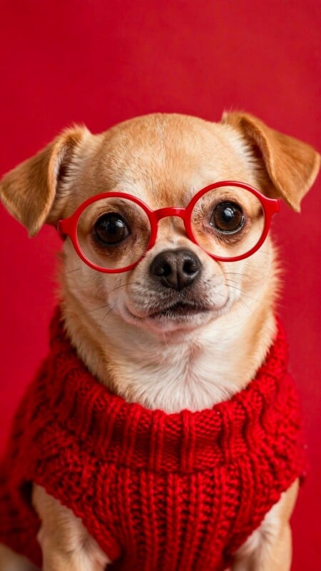 A small tan dog wearing red glasses and a red knitted sweater sits in front of a solid red background.
