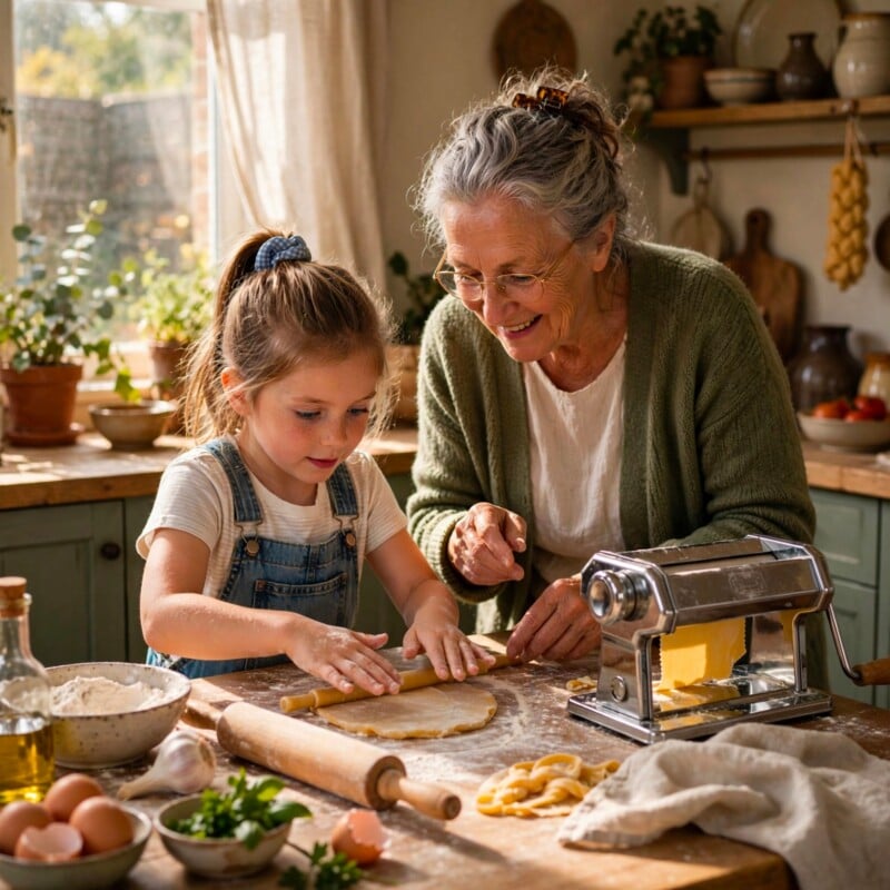 An elderly woman and a young girl roll out pasta dough together in a cozy, sunlit kitchen surrounded by fresh ingredients and a pasta machine.