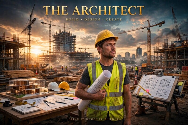 A construction site at sunset with a man in a hard hat and vest holding blueprints. Architectural models, plans, and tools are on a table. Cranes and unfinished buildings rise in the background. Text reads: THE ARCHITECT.