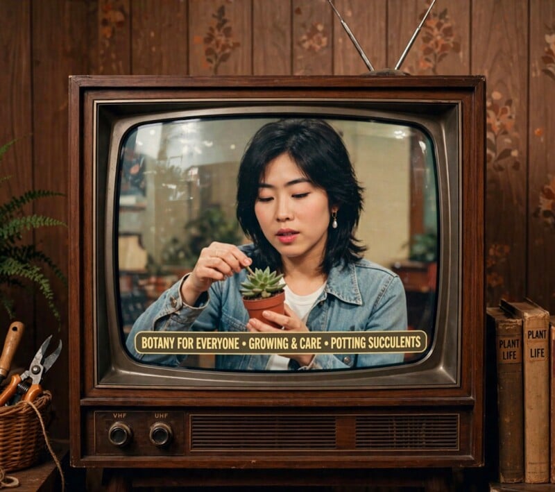 A woman demonstrates potting a succulent on a vintage TV screen. Text reads: "Botany for Everyone - Growing & Care - Potting Succulents." Gardening tools and books are beside the TV.