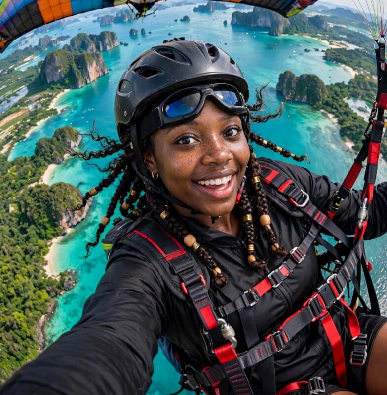 A woman paraglides over turquoise water and green islands, smiling at the camera. She wears a helmet, goggles, and harness, with braided hair adorned with beads. Bright, colorful parachute visible above.