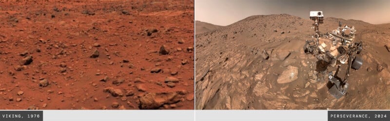 Side-by-side images: left, Viking 1976 shows a rocky, red Martian landscape; right, Perseverance 2024 shows a rover on a rocky, brownish Mars terrain under a hazy sky. Labels: “Viking, 1976” and “Perseverance, 2024”.