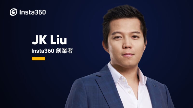 A man in a blue suit and white shirt stands in front of a dark blue background. Text reads: "Insta360" and "JK Liu, Insta360 創業者" with the Insta360 logo above.
