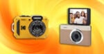 Two Kodak digital cameras: one yellow waterproof camera, and one beige camera with a flip-up screen showing a group selfie, both on a swirling yellow-orange background.