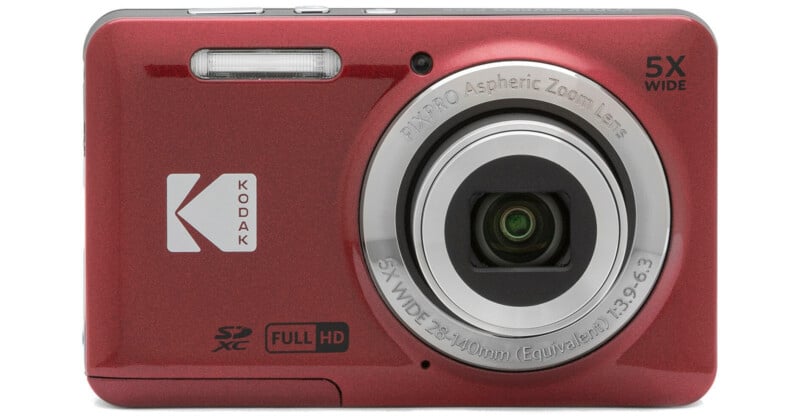 A red Kodak digital camera with a zoom lens, 5X wide zoom, SD card slot, and Full HD label, shown from the front.