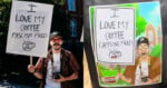 A man holding a sign that says