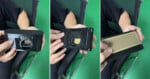 Three-panel image showing hands demonstrating a small black device with a circular opening, held above a chair. The third panel reveals a tan, textured surface on the device’s back.